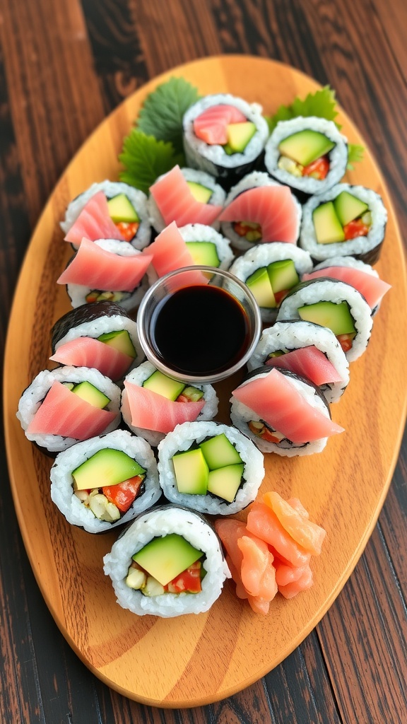 A wooden platter with colorful homemade sushi rolls, soy sauce, pickled ginger, and wasabi.